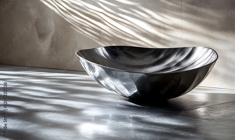 Poster elegant metallic bowl sitting on a surface with light and shadow patterns