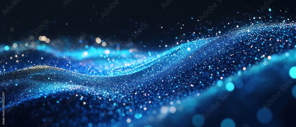 Poster abstract blue waves with shimmering particles creating a tranquil atmosphere in a digital space