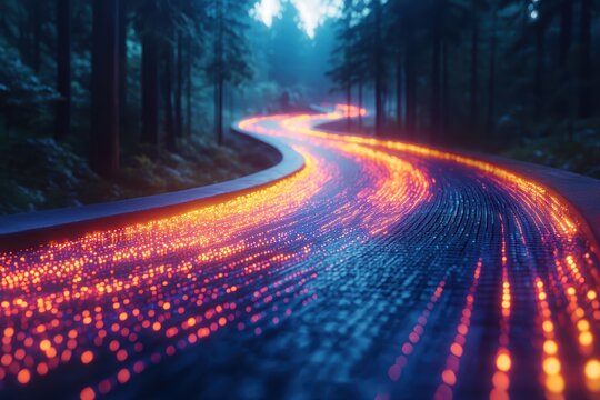 Illuminated ai-powered financial blockchain pathway enchanted forest digital art serene environment low angle view future concept