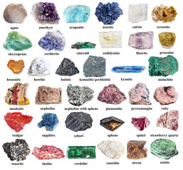 samples of various raw rocks with names cut out