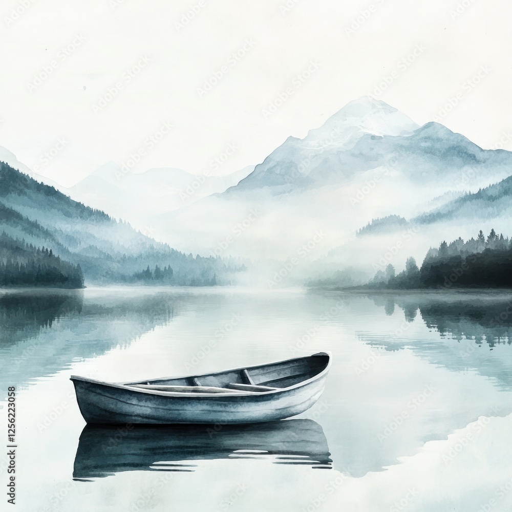 Poster serene watercolor illustration of a rowboat floating on a calm mountain lake with a peaceful atmosph