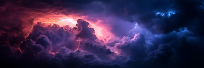 Fototapeta premium Dark clouds illuminated by lightning in a stormy sky at twilight