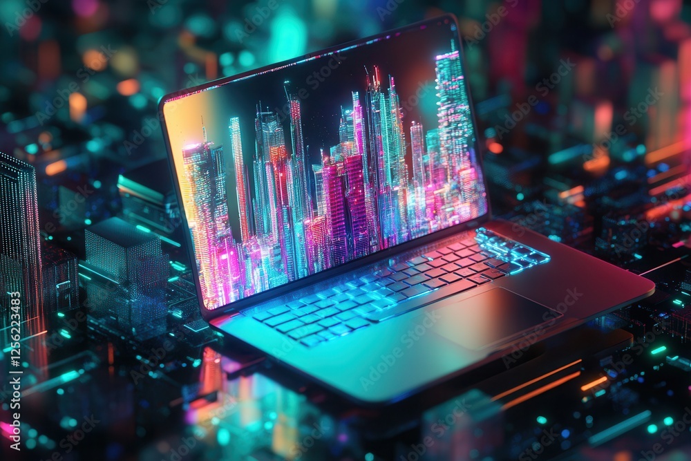 Poster futuristic laptop in neon cityscape . a futuristic computer setup showcasing advanced technology, sy