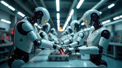 Fototapeta premium Futuristic Robotic Workers Collaborate on Advanced Technological Project in a High-Tech Manufacturing Facility