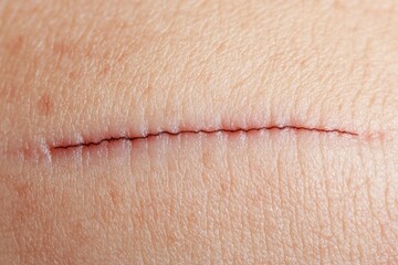 Fototapeta premium Healing process after surgery close-up of a surgical scar on skin medical image clinical environment informative perspective