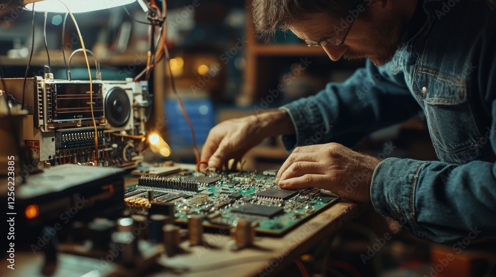 Poster engineer working with electronic circuit board in a workshop