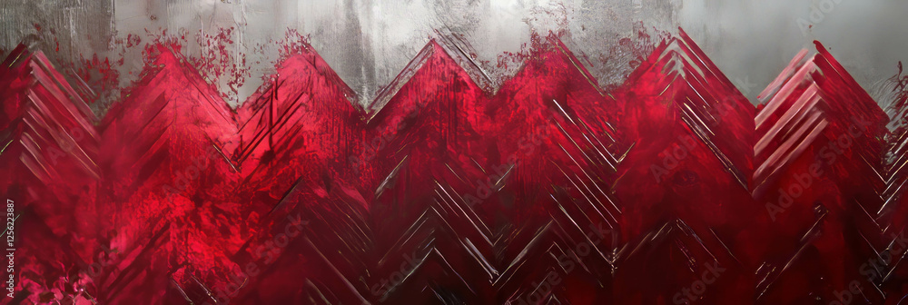 Poster crisp crimson zigzag patterns layered over a shimmering silver background in a bold design