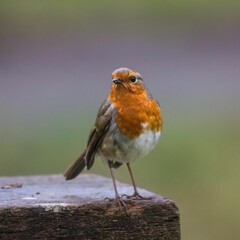 European robin on wooden perch
