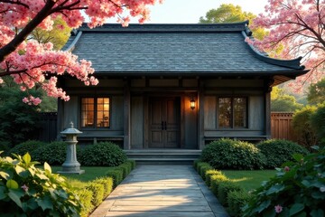 Obraz premium Serene Asian-inspired dwelling nestled amongst blossoming trees, showcasing a tranquil garden path leading to its entrance.