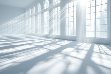 Sunlit white room with arched windows, ideal for backgrounds