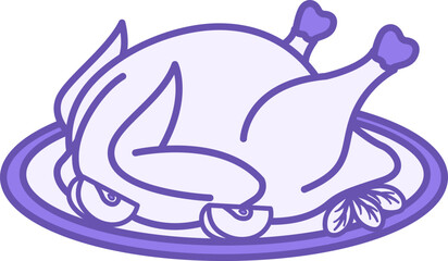 Colored Chicken Icon. Vector Drawing. Fried Chicken with Apples on Plate. Food, Ready Dish. Meal Concept