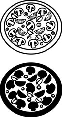 Pizza Icons. Black and White Vector Drawing. Round Pizza with Mushrooms, Tomatoes, and Olives. Food, Fast Food. Meal Concept