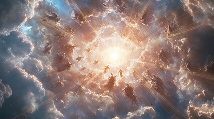 A Grand Myriad of Celestial Beings Ascending into the Light of Apotheosis: A Vision of Ultimate Transcendence and Spiritual Elevation