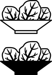 Salad Icons. Black and White Vector Drawings. Salad Leaves on Plate. Natural and Organic Food. Vegetarianism. Meal Concept