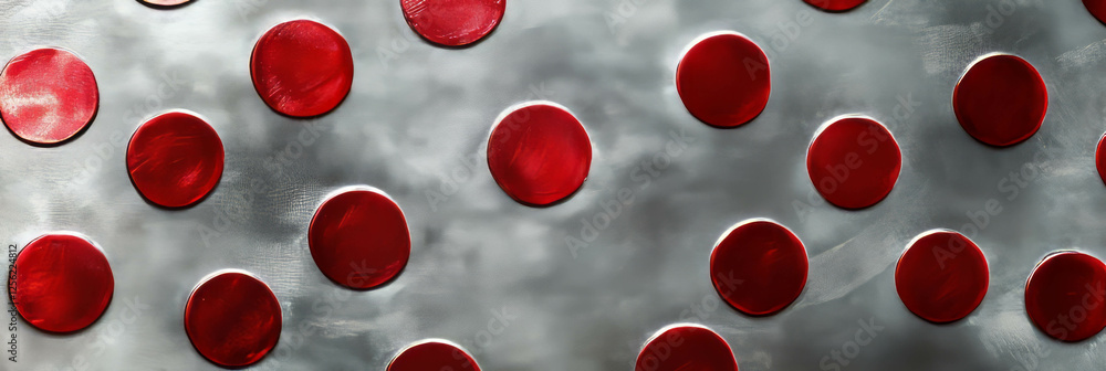 Poster silver surface adorned with dotted red flickers creating a vibrant visual texture