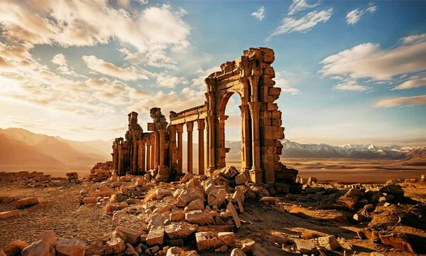View at ruins of ancient city with temple at golden hours of sunset, nabatienh culture