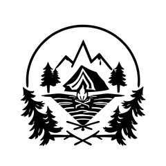 Obraz premium Black and white illustration of a campfire with a tent in front of mountains and trees