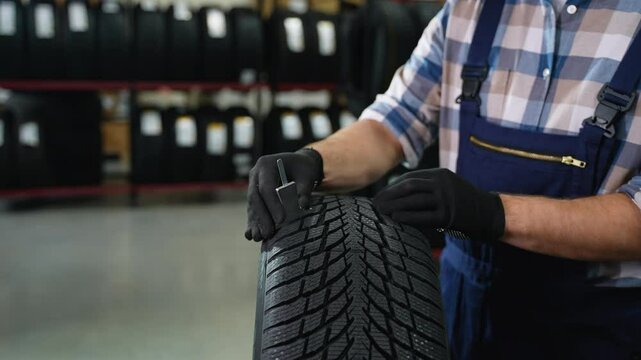 Worker checking tire tread depth with gauge tool