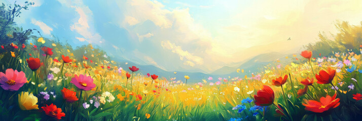 Fototapeta premium Dreamy meadow with colorful flowers swaying in the gentle breeze under a bright sky