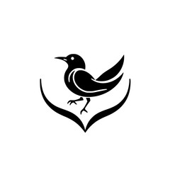 Black-and-white minimalist bird perched on a curved, V-shaped abstract design.