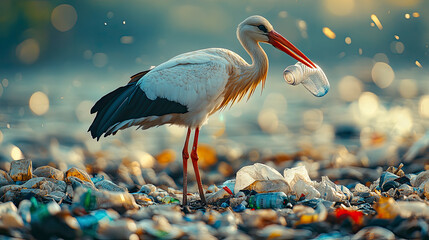 Stork looking for food in garbage. Concept of ecological problem. Concept of pollution of water bodies, nature and environment.