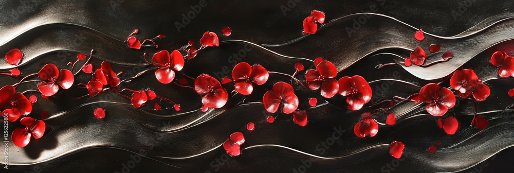 Poster cherry petals add elegance to a dark background in a flowing design