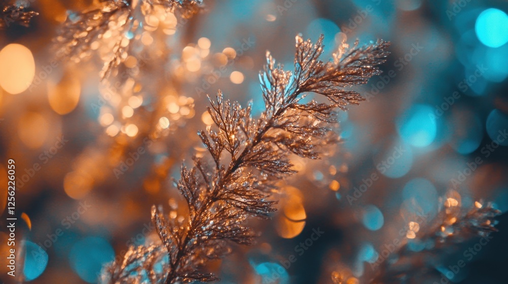Poster Close-up of Frosted Branches with Colorful Bokeh Background