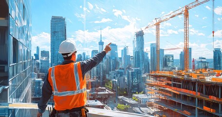 Male construction worker directing operations at a busy construction