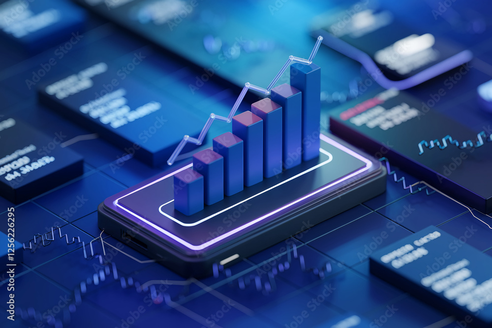 Poster A 3D render of a clean, modern finance-themed image showing a smartphone with a rising bar chart. It represents business growth, digital trends, and financial analysis in the tech world.