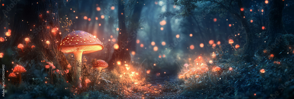 Poster mystical forest path illuminated by glowing mushrooms in a serene twilight setting