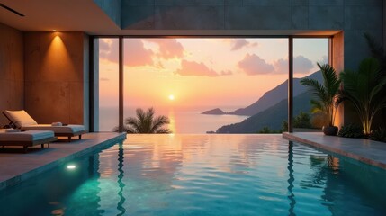 Fototapeta premium Sunset Serenity Infinity Pool and Luxurious Lounge Chairs Overlooking a Breathtaking Ocean Vista