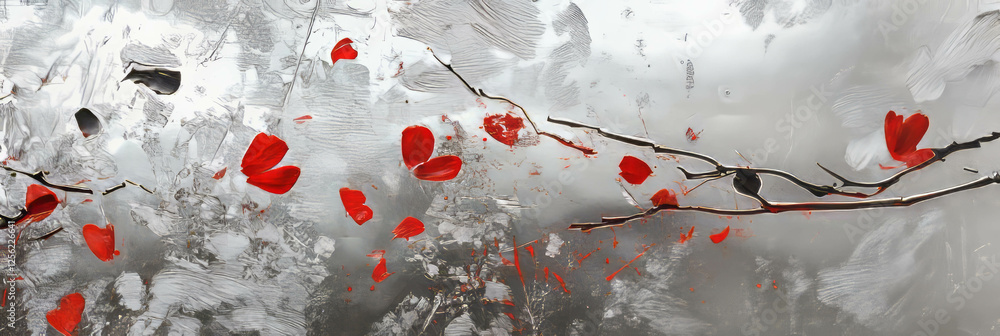 Poster silver and red abstract design featuring delicate flickers and textured patterns