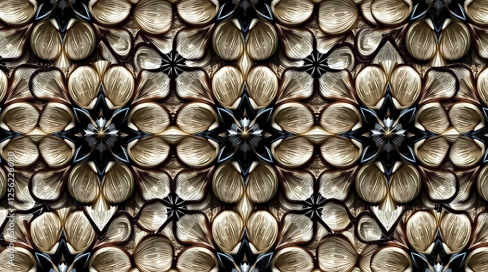 Poster intricate floral design pattern in golden and black tones with symmetrical arrangement. generative a