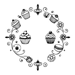 Cupcake Floral Wreath, Decorative Illustration, Black and White.
