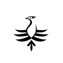 Graphic stylized bird with wings, black and white minimalistic.