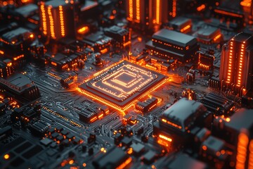 Obraz premium Futuristic ai chip integration within glowing blockchain cityscape digital technology hub high fidelity environment aerial perspective