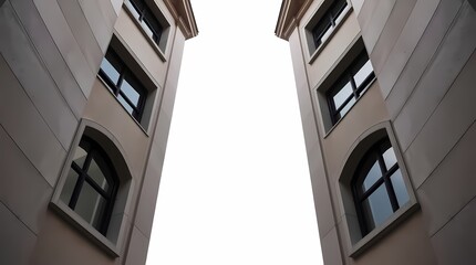 Architectural view from between two tall buildings in an urban setting during daylight hours. Generative AI
