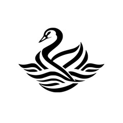 Stylized black and white swan logo, minimalist design floating on water