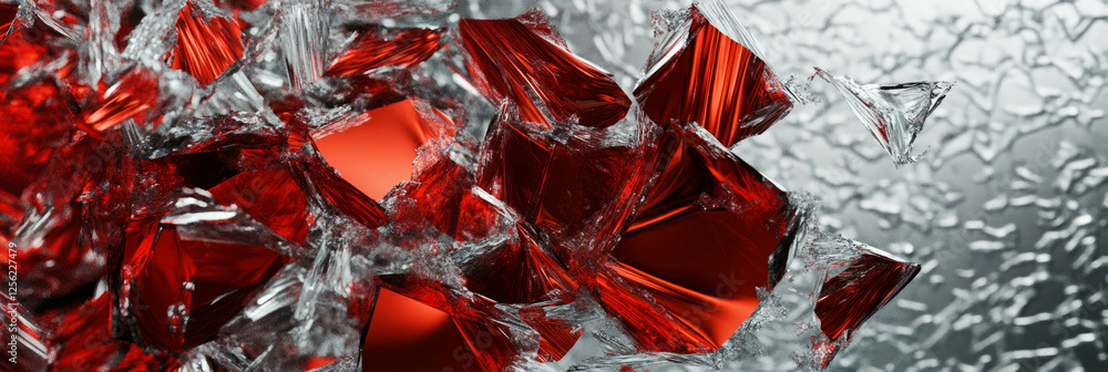 Poster fragmented red flashes set against a shimmering silver backdrop create a striking visual contrast