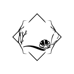 Minimalist black and white graphic design. Rhombus shape with seashell and plant-like branch.