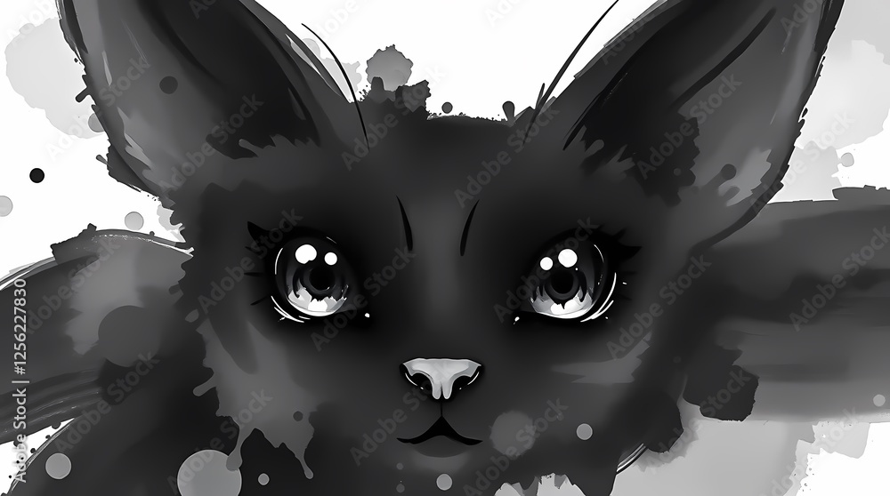 Poster Artistic representation of a black cat with expressive eyes and paint splashes. Generative AI