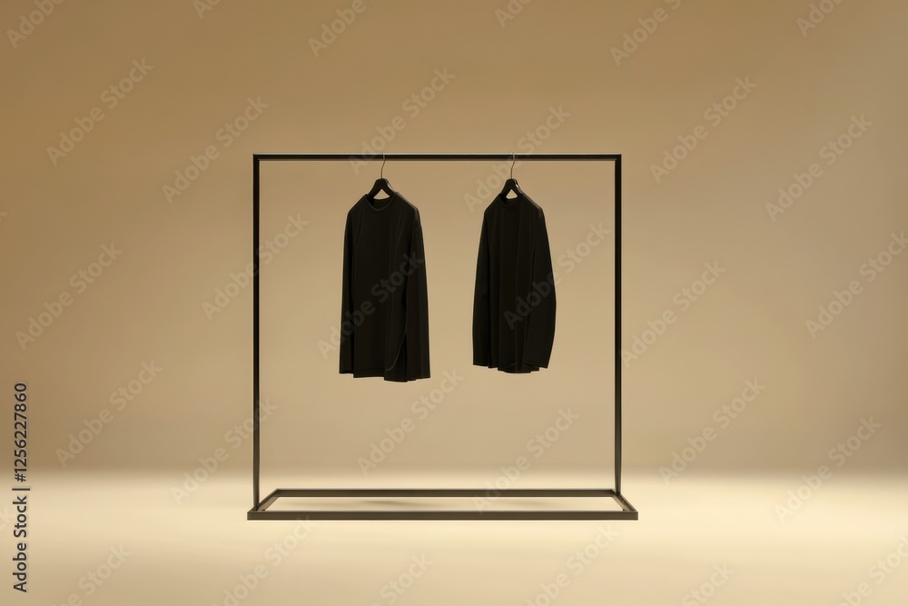 Poster minimalist clothing rack with neatly arranged garments in a modern setting. generative ai