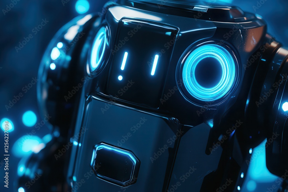 Poster futuristic ai robot with illuminated blue lights . a modern robot featuring bright blue lights, repr