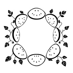 Watermelon and Leafy Wreath of Watermelon Slices. Vector outline of watermelon.