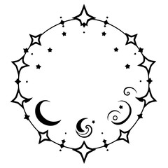 A Celestial Crescent Moon and Starry Night Circle: Black and White Artwork