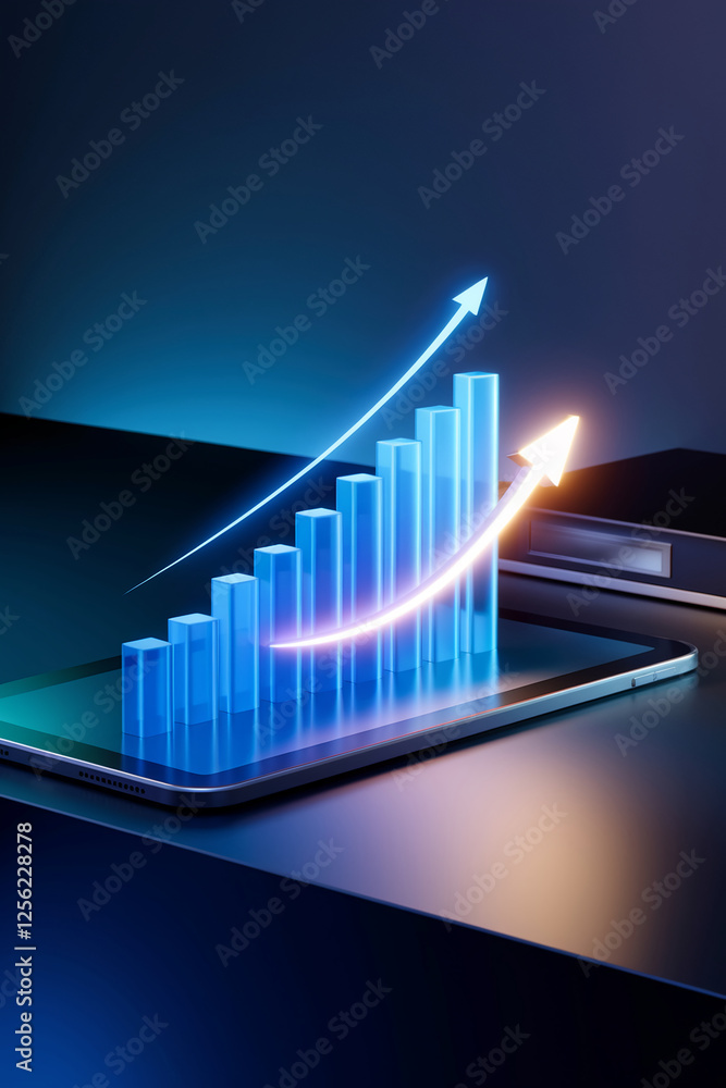 Poster a 3d financial growth chart with glowing bars and arrows on a tablet screen, showcasing financial su