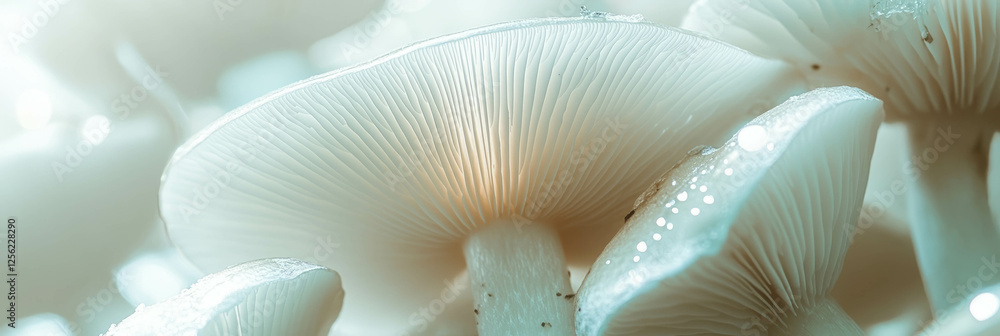 Poster giant mushroom forest with glowing caps creating a magical, soft-lit environment