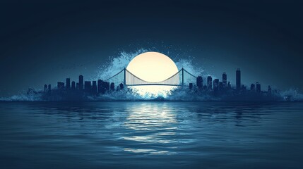 Obraz premium A serene night scene featuring a bridge silhouetted against a large moon.