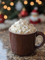 A Cozy Christmas Indulgence: Warm Hot Chocolate with Whipped Cream and Cocoa Powder in a Brown Mug, with Blurred Holiday Lights in the Background