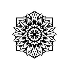 Abstract floral mandala design featuring an elegant black and white circular design, with a square outline.